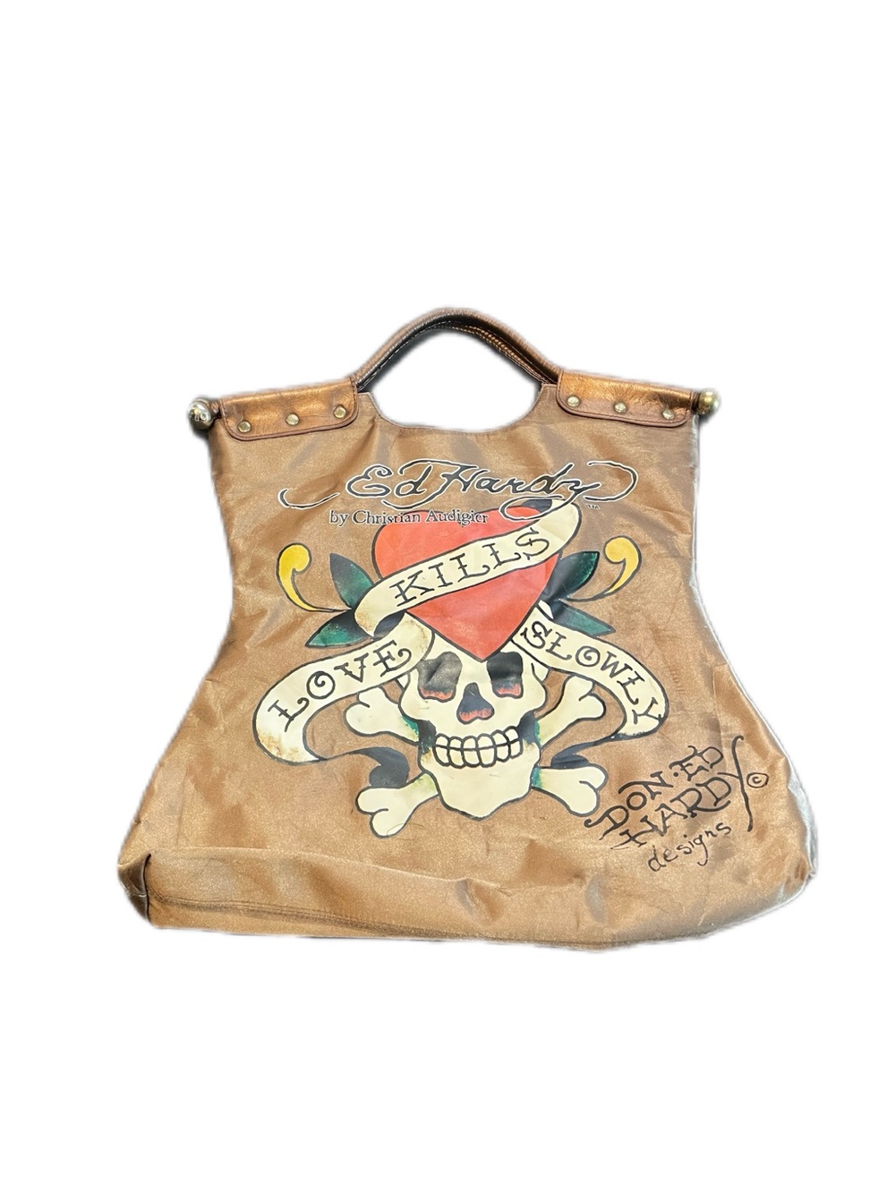 Vintage Y2K Ed Hardy "Love Kills Slowly" Bronze Tote Bag Skull Heart Tattoo Art